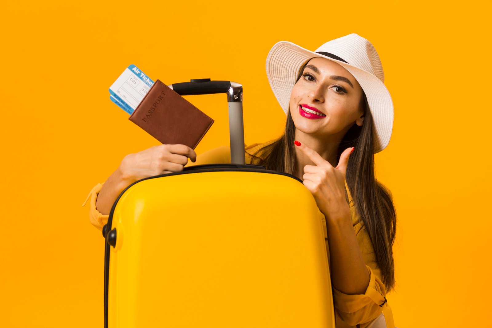 woman posing luggage pointing travel essentials